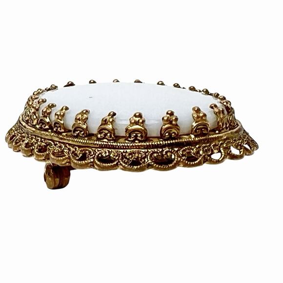 Vintage Cabochon Brooch White Glass Gold Tone Dog Tooth Prongs Filigree Large - Picture 8 of 12